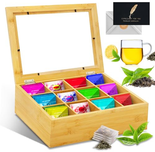 UCAMP Scatola da tè in legno, 12 scomparti, 28 x 23 x 9 cm, con coperchio trasparente per conservazione degli aromi
