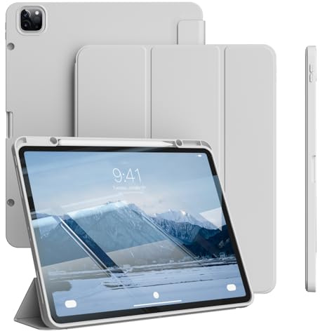 GKABXY Hülle für iPad Pro 12,9 Zoll 6./5./4. Generation (2022/2021/2020) mit Pencil-Halter [Unterstützt Aufladen/Paaren des iPad 2. Pencil], Weiche TPU-Rückseite, Auto Sleep/Wake, Grau