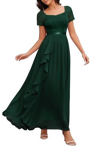 Wedtrend elegant aftonklänning lång för bröllop fyrkantig hals spetsklänning A-linje volangklänning med chiffong, Mörkgrön, XL