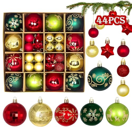 44 STK Weihnachtskugeln Rot Grün Gold Set,Ø6/4.3/3cm Weihnachtsdeko Kugeln mit Haken,Anhänger Christbaumkugeln Kunststoff Weihnachtskugeln Weihnachtsbaum für Weihnachtsfeier Weihnachten Geschenke