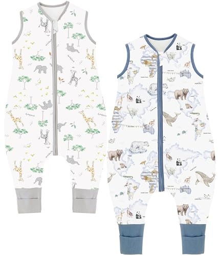 Chilsuessy Baby Schlafsack mit Füßen 2er Pack 2.5 Tog Kinder Ganzjahres Schlafsack Warm Baby Schlafsack mit Beinen Winter, 2.5 Tog/Giraffenwald + Tierkarte, 70cm/Baby Höhe 75-85cm