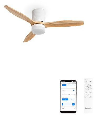 CREATE / WINDCALM LINE/Ventilador de techo con luz blanco madera natural y líneas horizontales con Wifi y mando / 40W, Ø132 cm, 6 velocidades, 3 temperaturas de luz, temporizador, verano-invierno