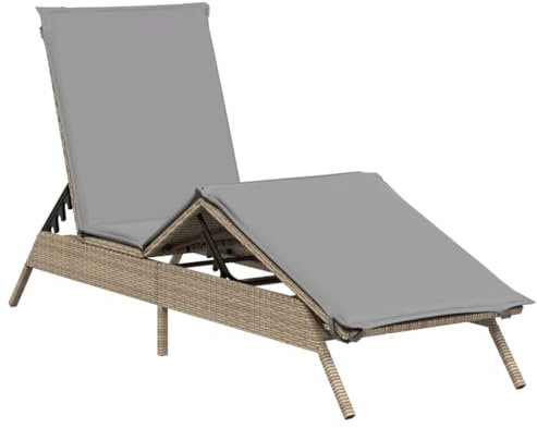 vidaXL Sonnenliege mit Auflage, Gartenliege mit Stahlrahmen, Relaxliege für Garten Terrasse, Sonnenbett Gartenmöbel, Beige Poly Rattan