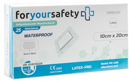 FORYOURSAFETY Wundpflaster wasserfest, Grössen 6x7, 10x10cm, 10x15cm, 10x20cm, latexfrei, Schutz bei Schnittwunden & Kratzern, Pflaster einzeln verpackt, Größe:10x20cm (25er Pack)