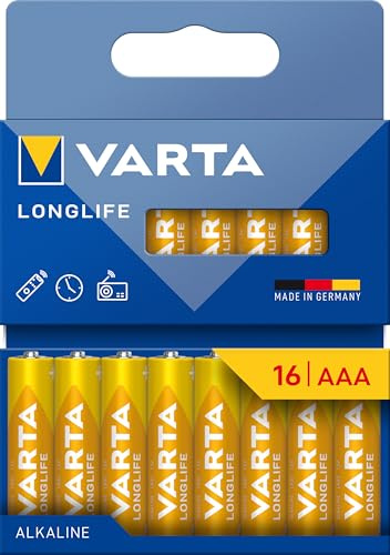 VARTA Pile AAA, confezione da 16, Longlife, Alcaline, 1,5V, ideale per telecomandi, sveglie, radio, orologi da parete, imballaggio riciclato al 90%, Made in Germany