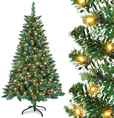 Froadp 150 cm Weihnachtsbaum Künstlich PVC Kunstbaum mit 180 LEDs, Ständer und Tannenzapfen Dekobaum Tannenbaum mit Schnee-Effekt Christbaum Künstlicher Weinachts Baum für Drinnen und Draußen