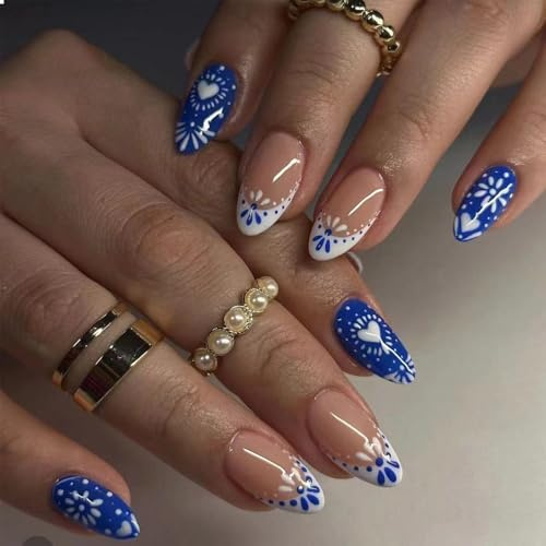 GlamRays 24 Stück French Tip Press on Mittellange Bohemian Style Falsche Nägel Mandelform Blau Herz Linien Acryl mit Glänzendem Böhmischen Design