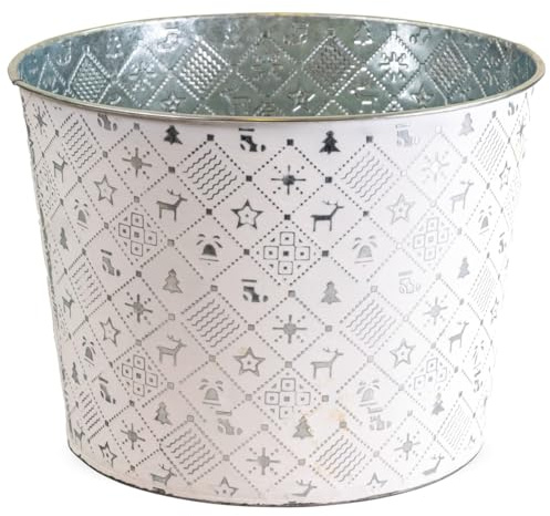 Runder Pflanztopf Winterdeko, Pflanzkübel in Ø 25 x 19 cm, Silber - Metall Pflanzschale als Weihnachtsdeko - Dekorative Blumenschale für Zimmerpflanzen, Blumentopf für Fensterbank oder Garten