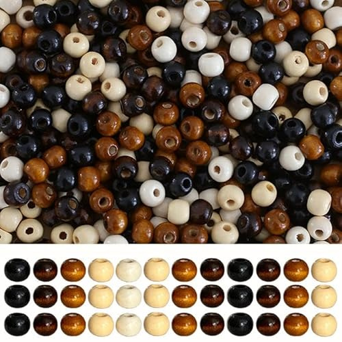 HERZWILD Stora hål trä hantverk pärlor naturliga färger träpärlor vintage runda naturliga bruna träpärlor trä hårpärla för makramé radband armband smyckestillverkning (1 000)