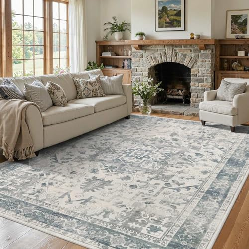 Rugxara Area Rugs 5x7, Washable Rugs for Living Room, Vintage Boho Light Blue Rug for Office, Dining Room, home decorKids Room and Farmhouse,Home Decor Durable Low Pile Non-Slip for High Traffic Areas