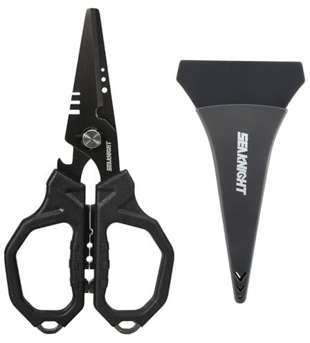 SeaKnight Tijeras de pesca de 6.4 pulgadas, cuchillas dobles dentadas, tijeras de línea trenzada con revestimiento de titanio, agarre antideslizante y herramienta multifunción, incluye funda de