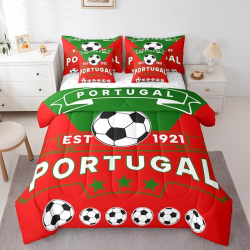 Feelyou Football Sport 7 Piece Bedding Set Full Size Soccer Theme for Kids Boys Comforter Set with Sheets Portugal Football Teens Bed in a Bag Red Green Bed Set