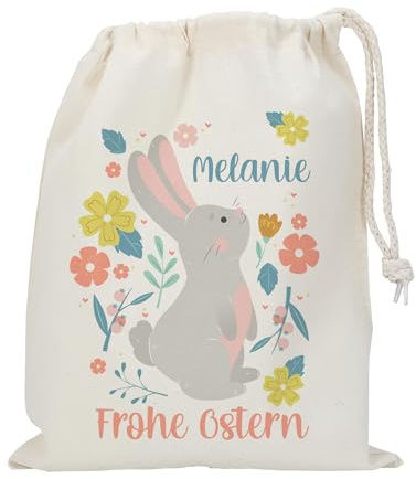 Herz & Heim® Personalisierter Geschenksack zu Ostern – Baumwoll-Stoffsäckchen mit Name & Wunschtext – Ostertüte für Kinder & Erwachsene – Osterverpackung für kleine Geschenke & Süßigkeiten (Hase grau)