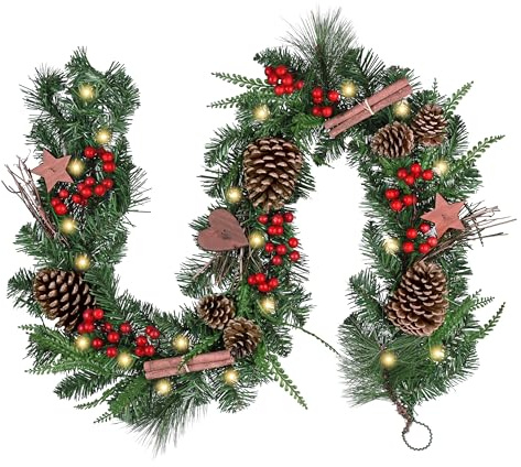 Valery Madelyn Weihnachtsgirlande 152CM mit 20 Beleuchtung Timer, künstliche Tannengirlande mit Natür Tannenzapfen Zimt Holzsterne,Weihnachtsdeko für Tisch Treppengeländer In-Outdoor, Grün Rot