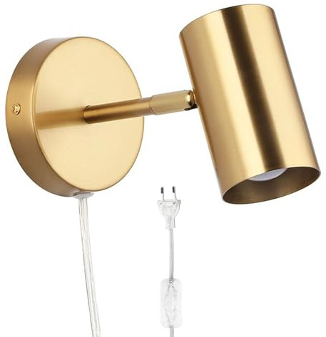 Alpinaluz Wandleuchte aus vergoldetem Stahl mit schwenkbarem zylindrischem Schirm und transparentem Kabel mit Stecker – Leselampe mit E27-Sockel für Schlafzimmer, Kopfteil oder Wohnzimmer