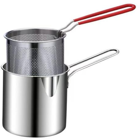 Pentola per friggitrice in acciaio inox con cestello filtrante, design con manico singolo per una cottura sicura, ideale per bollire il latte, friggere cibo e preparare salse su fornelli a gas o piano