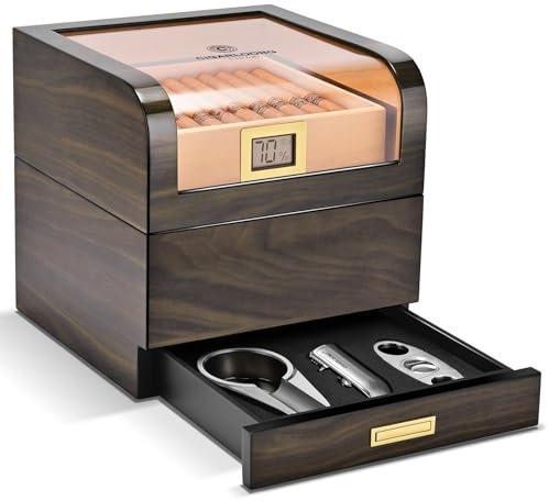 CIGARLOONG Zigarrenhumidor aus Zedernholz mit Befeuchter und Hygrometer, großer Humidor mit Fächern und Schublade, inklusive Set aus Zigarrenschneider, Feuerzeug und Aschenbecher (schwarz)