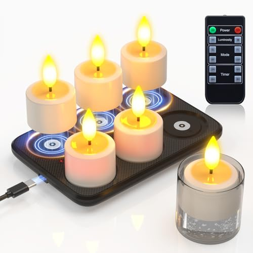 PChero Candele da tè ricaricabili con stazione magnetica, confezione da 6 candele elettriche senza fiamma a LED tremolanti con timer remoto per esterni, impermeabili, per casa, camera, bagno, giardino