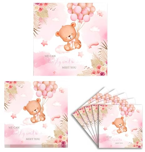 Babyparty Servietten, 40 Stück - Rosa Bären Design für Baby Shower, Gender Reveal Party & 1. Geburtstag, 33x33 cm 3-lagig, Deko für Babyparty Mädchen & neutrale Feiern