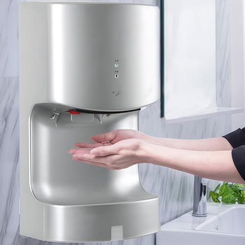 BESTXH Asciugamani Elettrico Automatico Commerciale, Asciugamani Ad Aria A Parete con Vaschetta Raccogligocce, Vento Caldo E Freddo Ad Alta velocità (10 Secondi), per Uffici,Argento