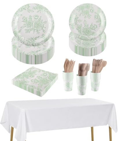 CEILIWEN Pappersservis för 30 gäster, set med tallrikar, koppar, servetter, bestick och bordsdukar, för ett elegant eftermiddagste, bröllop, födelsedag, 212 delar, salviagrön