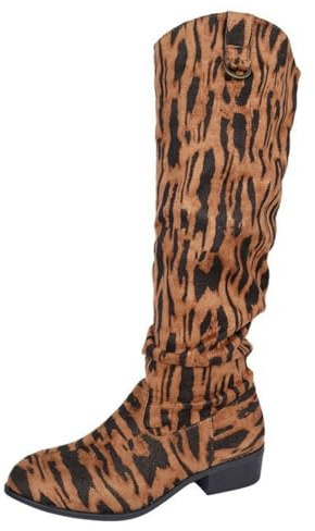 Generiska vida stövlar dam med klack, overknees, stora stövlar med leopardmönster cool klack för kvinnor, halkfri blockklack slip-kängor platta stövlar platå, apelsin, 38 EU