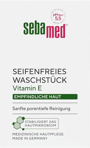 Sebamed seifenfreies Waschstück 50 g, in praktischer Reisegröße für unterwegs, mit Vitamin E, für die seifenfreie Reinigung empfindlicher Haut, zur Hand-, Gesichts- und Körperreinigung geeignet