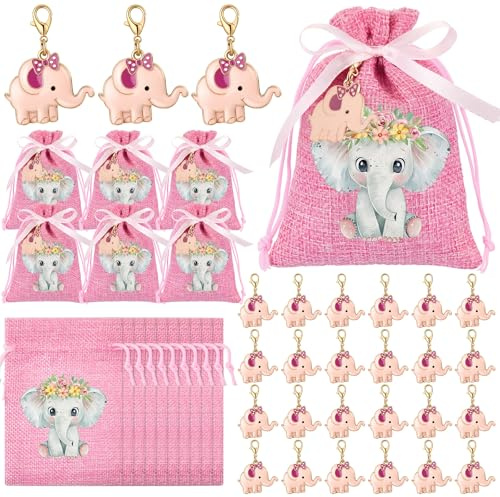 Otuuz 30 Set Sacchetti Confetti Battesimo 30 Sacchettini Lino per Battesimo 30 Portachiavi con Elefante 1 Nastri per Feste per Neonati, Battesimi, Regali per Ospiti delle Feste di Nascita(Bimba)