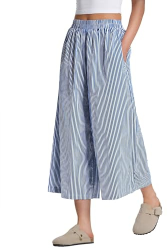 Rapbin Pantalones capri para mujer, de verano, 2026, de algodón, cintura elástica, a cuadros, pantalones casuales para mujer, pantalones ligeros, Rayas azules., XL