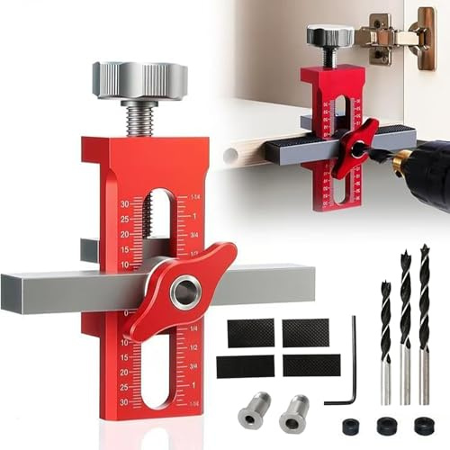 Bohrhilfe & Schranktür Montagehilfe 2-in-1, Verstellbare Bohrschablone aus Aluminium für Möbelbau – Inkl. 3 Bohrern für Scharniere, Griffe & Push-to-Open Systeme
