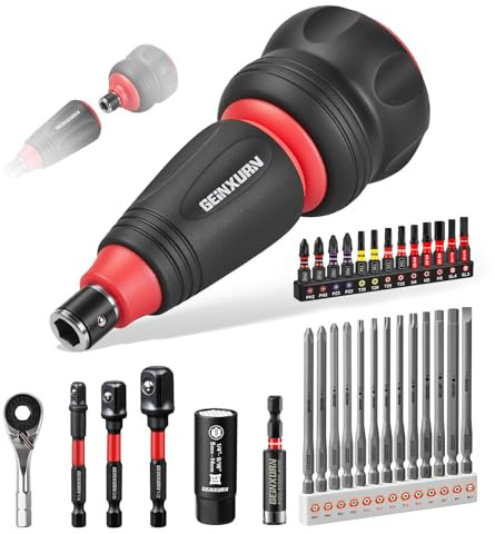 Geinxurn Juego de destornilladores de 33 piezas con mango corto 2 en 1 de carraca, punta de destornillador de impacto, mini llave de carraca, llave universal, portapuntas y llave de tubo