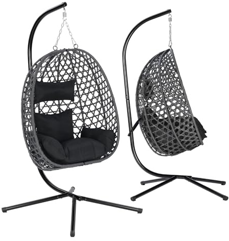 WOLTU Silla Colgante, Hamaca Columpio con Cojín y Reposacabezas, Aspecto Ratán PE y Estructura de Metal, Carga 150 kg, para Jardín, Patio y Terraza, 102x100x196 cm, Negro