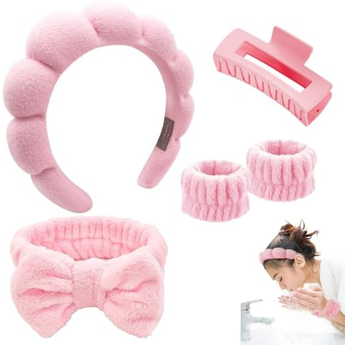 5 Pcs Skincare Headband Set – Cloud Headband | Coral Fleece Bow Headband & Wristbands, Hair Clip for Face Washing, Makeup, Spa & Skincare Routine (Pink)