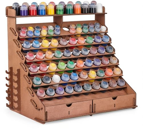 HOMIEE Wooden Paint Organiser 6-Tier Paint Storage Rack for Paint Bottles | 90 Holes Paint Storage Rack, Suitable for Vallejo, Citadel, Tamiya Paint Bottles, 2 Drawers, 2 Minis Stands
