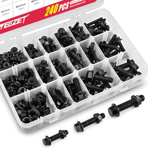 YEEZET 240 Pièces Kit de Boulons et Écrous à Bride M5 M6 M8 Acier Allié Classe 10.9 Vis et Écrous Hexagonaux à Bride Métrique Lot d'Assortiment pour Fixations Haute Résistance