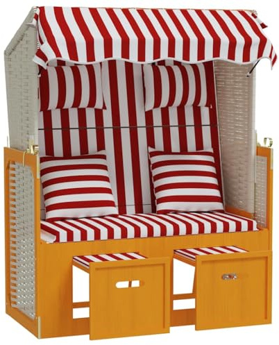 KGHFDVB Strandkorb Poly Rattan Massivholz Rot Weiß ausziehbar mit Kissen Sonnendach verstellbare Rückenlehne