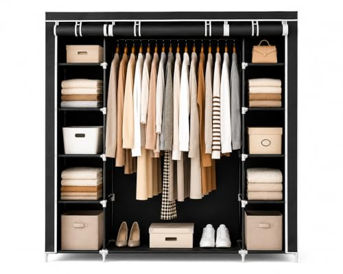 Best For Home - Stoffschrank (XXL)| Faltbarer kleiderschrank mit Kleiderstange und 11 Einlegeböden | schwarzer Kleiderschrank mit aufrollbarer Reißverschlusstür und vielen Montagemöglichkeiten