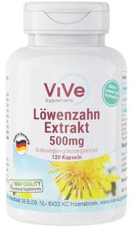 Löwenzahnwurzel-Extrakt 500mg - 120 Kapseln - 10-fach konzentriert - Hochdosiert - Vegan | Qualität aus Deutschland von ViVe Supplements