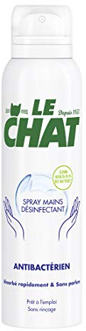 Le Chat - Spray pour les mains - Désinfectant - Antibactérien - Absorbé rapidement - Sans rincage - Sans Parfum - Elimine 99% de bactéries - Aérosol de 150 ml