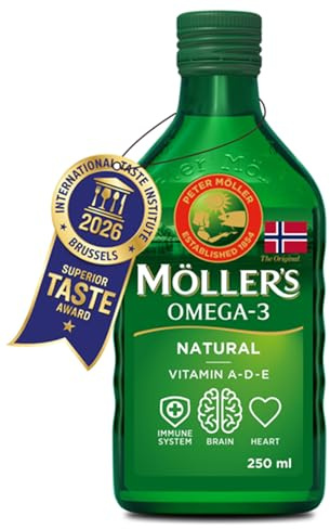 Moller’s ® | Huile de foie de morue oméga 3 | Compléments alimentaires oméga-3 avec EPA, DHA, vitamines A, D et E | Prix Superior Taste | Marque vieille de 166 ans | Neutre | 250 ml
