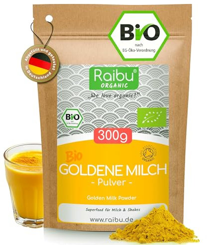 Goldene Milch Pulver BIO - 300g Golden Milk mit Kurkuma - Ashwagandha Kurkuma Latte Mix mit Zimt, Ingwer - Ayurveda Geschenke - Raibu Naturprodukte