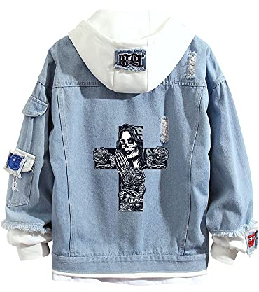 Lemany Felpa con Cappuccio in Denim con Stampa Teschio Unisex Felpa con Cappuccio in Denim con Teschio Y2K Felpe con Cappuccio per Teenager Adulto