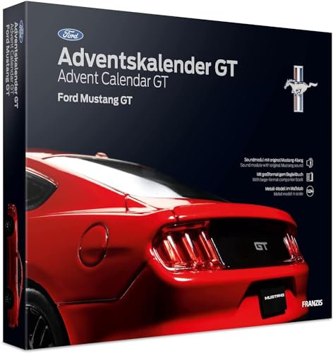 Franzis 55111 - Ford Mustang GT Adventskalender Race red, Modellbausatz im Maßstab 1:24, inkl. Soundmodul und 52-seitigem Begleitbuch