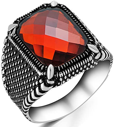 mysilverworld Herren-Ring aus massivem 925er-Sterlingsilber, facettierter roter Zirkonia-Stein, mit Krallen, Metall, Roter Zirkon