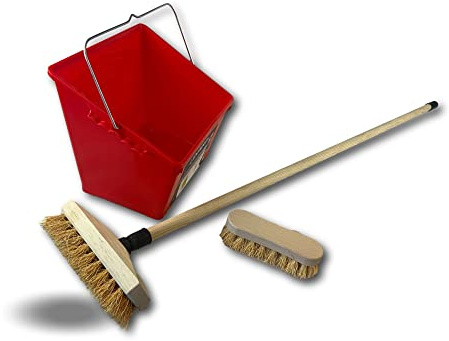 Kibros Kit Balai Lave-Pont chiendent Manche Bois Seau Brosse à Laver | Brosse chiendent sur monture bois, pour laver et récurer ponts terrasses carrelages.