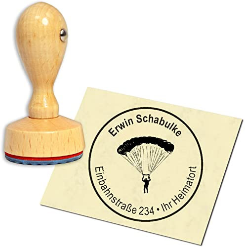 Stempel Adressstempel Holzstempel - Fallschirm - rund ∅ 40mm personalisiert als Firmenstempel Namensstempel Bürostempel