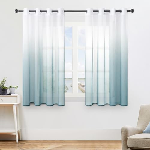 MRTREES 2 Piezas Cortinas Salon Visillos Cortos Translúcidos Visillo de Dormitorio Moderno Ventana 140×160cm Visillos Salon Paneles para Habitacion Niños Sala Comedor Baño Azul Agua Degradado