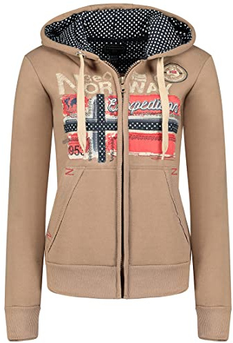 Geographical Norway Farlotte Lady - Hoodie Damen Sweatjacke Zip Kapuze Taschen - Pullover Damen Langarm Warm Jacke - Frauen Jahreszeit Frühling Sommer Herbst (Taupe S)