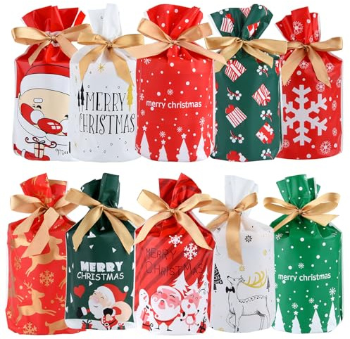 BOUBONI 50 Stück Weihnachts-Bonbonbeutel mit Kordelzug, Weihnachts Leckerli Beutel, Weihnachtsparty-Geschenkzubehör (10 Stile)