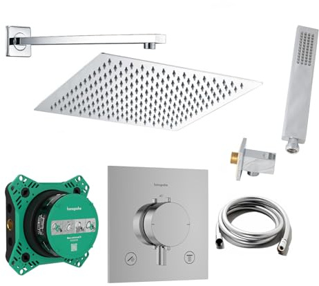 vanvilla Duschsystem Unterputz mit Duscharmatur Hansgrohe HG203 poliert | Duscharmatur von Hansgrohe Ecostat Comfort E Thermostat Armatur und vanilla Regendusche Duschkopf eckig, Dusch-SET poliert
